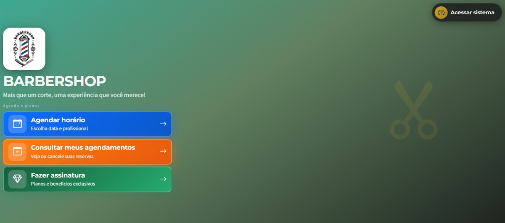 Landing page do sistema com agendamento online, consulta de horários e assinatura de planos