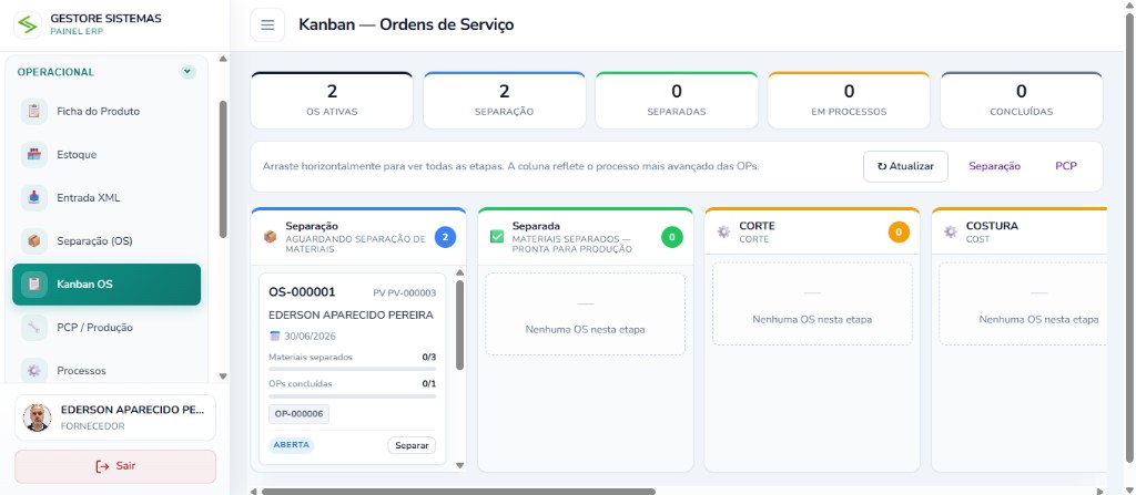 Painel Kanban de ordens de serviço e produção do ERP industrial